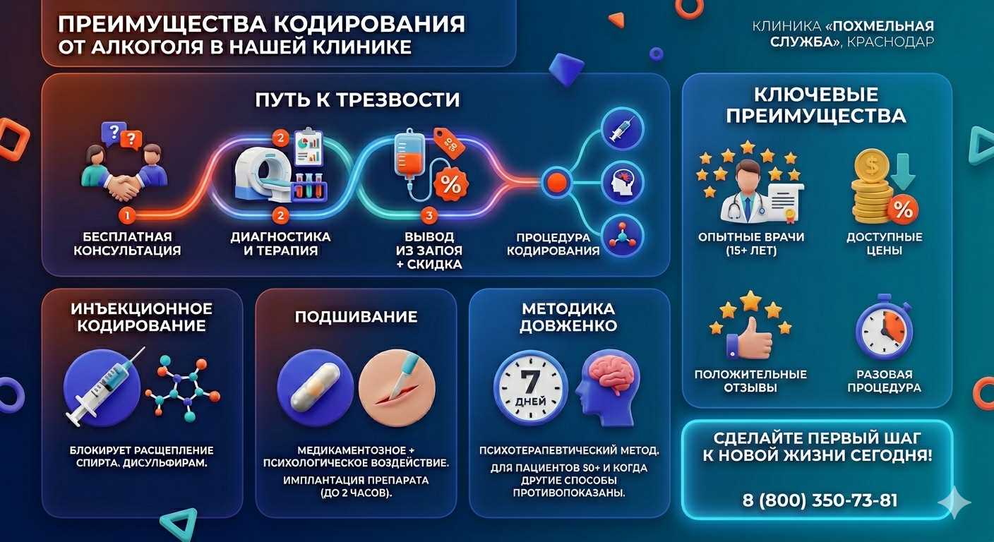 Инфографика о методах кодирования от алкоголя в Джубге: инъекции, подшивание, метод Довженко. Преимущества клиники и этапы лечения.