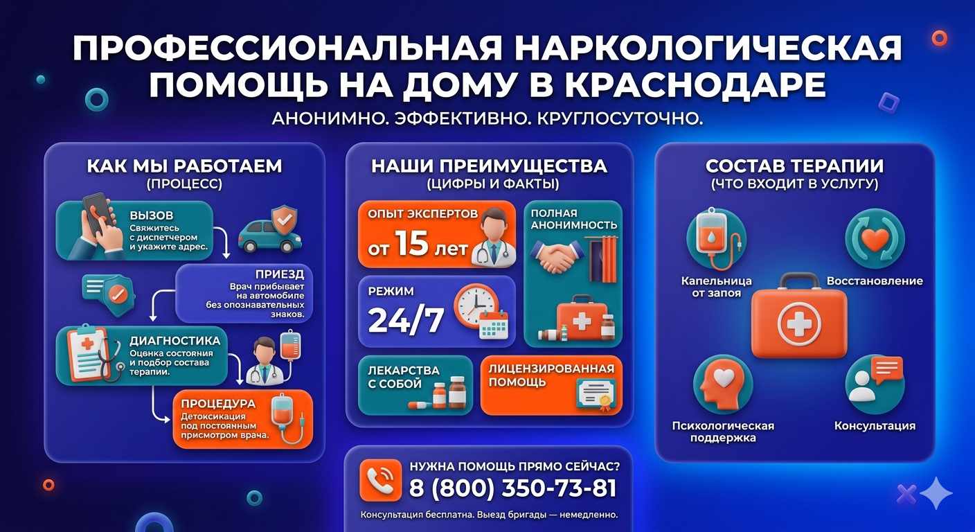 Инфографика о принципах лечения алкоголизма на дому в Джубге: этапы вызова нарколога, преимущества анонимной детоксикации и состав медицинской помощи.
